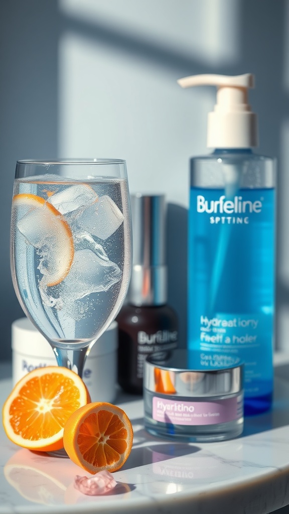A glass of sparkling water with orange slices, surrounded by skincare products.
