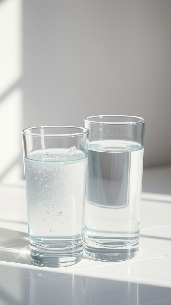 Two glasses of water on a table, one with ice and bubbles, the other clear and still.