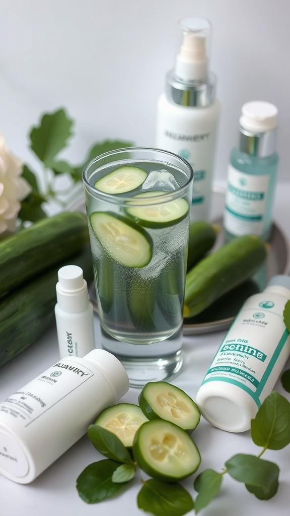 A glass of cucumber-infused water surrounded by skincare products and fresh cucumbers.