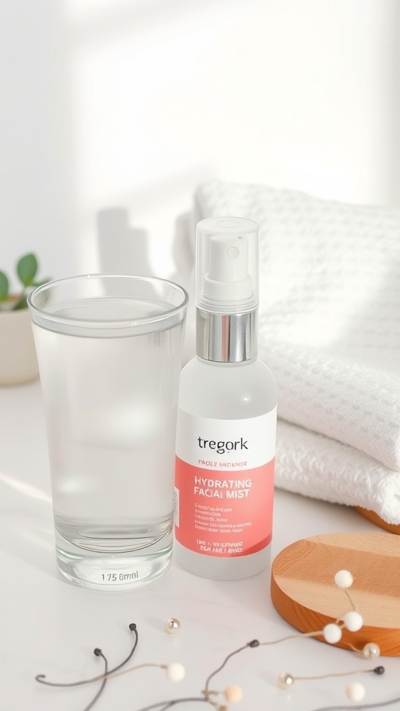 A glass of water next to a hydrating facial mist and a towel, symbolizing hydration for healthy skin.