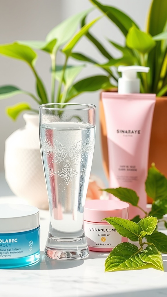 A glass of water next to skincare products and green plants, emphasizing the importance of hydration for healthy skin.