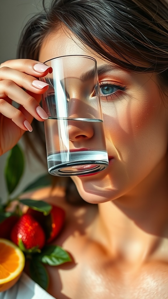A woman with a glass of water in front of her face, surrounded by strawberries and an orange, highlighting the importance of hydration for skin health.