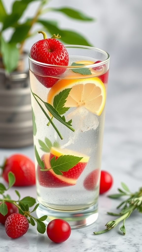 A refreshing drink with strawberries, lemon slices, and fresh herbs in a glass, representing hydration for glowing skin.