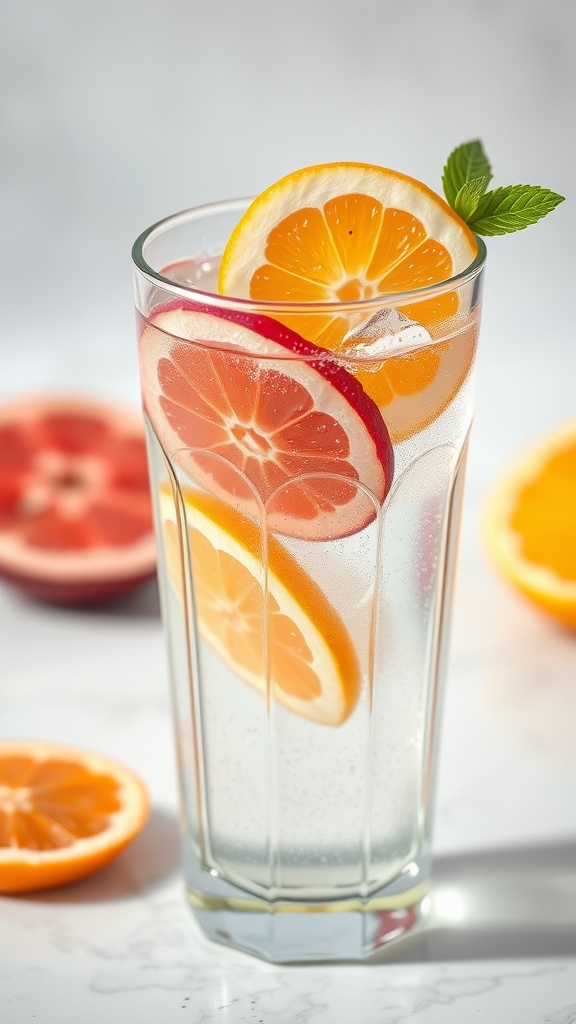 A glass of sparkling water with orange and lemon slices, garnished with mint, on a marble surface.