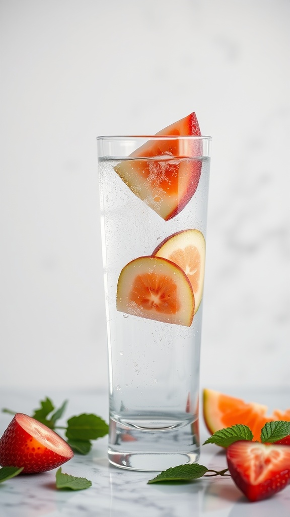 A glass of sparkling water with slices of fruit and fresh mint, surrounded by strawberries.
