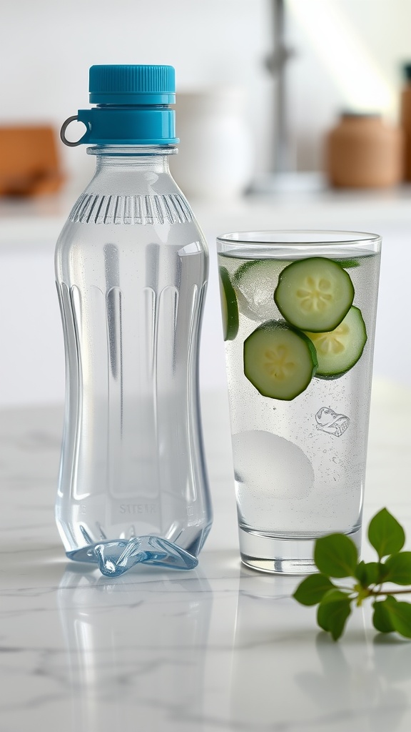 A bottle of water next to a glass of cucumber-infused water on a marble countertop.