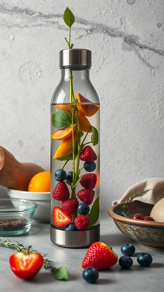 A stylish water bottle filled with fresh fruits and herbs, showcasing hydration tips for meal prep.