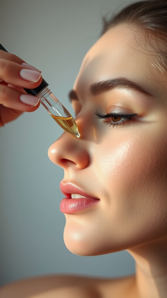 A person applying hyaluronic acid serum to their nose.