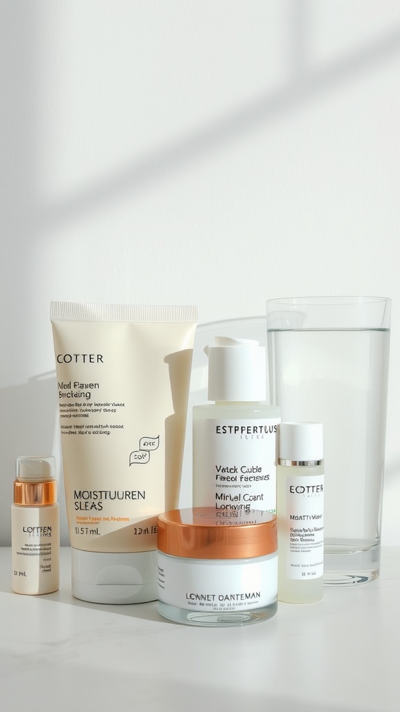 A selection of skincare moisturizers and a glass of water, emphasizing hydration for fresh skin.