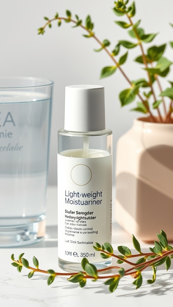 Lightweight moisturizer on a table next to a glass of water and a plant, suggesting hydration and freshness.