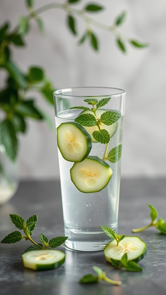 A glass of water infused with cucumber slices and mint leaves, surrounded by fresh mint sprigs and sliced cucumbers.