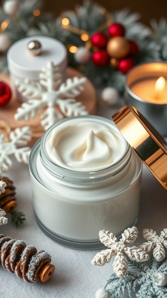 A jar of rich moisturizer surrounded by holiday decorations, conveying a cozy winter skincare vibe.