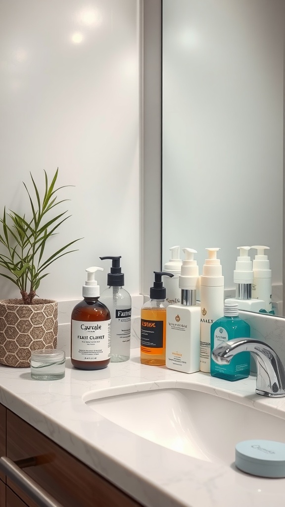 A bathroom counter displaying various skincare products for a cleansing routine.
