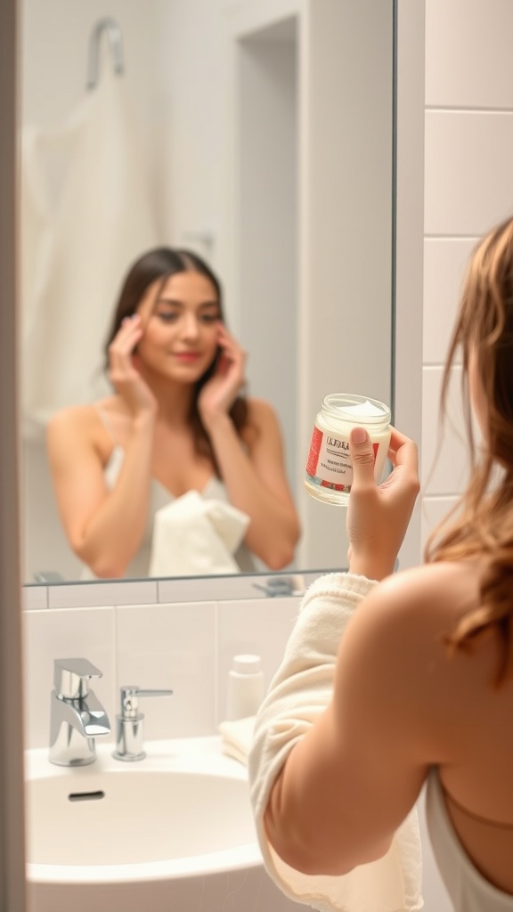 A woman applying moisturizer in front of a mirror in her bathroom.