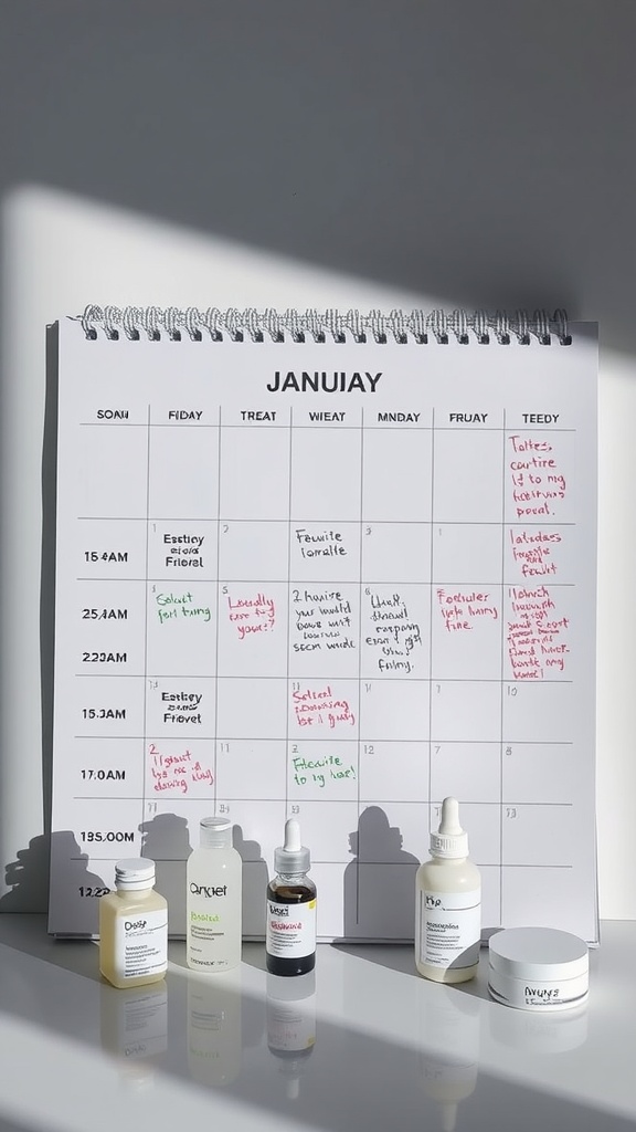 A calendar for January with skincare reminders and various skincare products arranged in front of it.