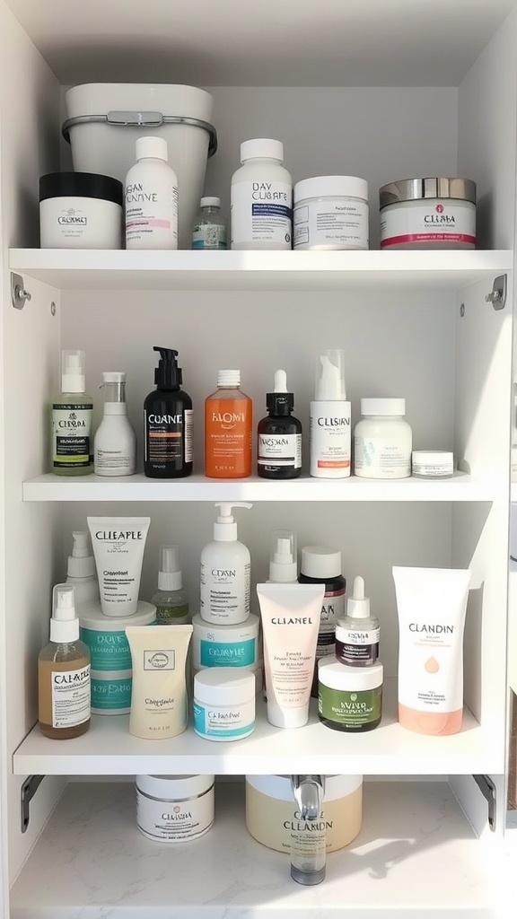 An organized skincare cabinet showcasing various skincare products for acne control.