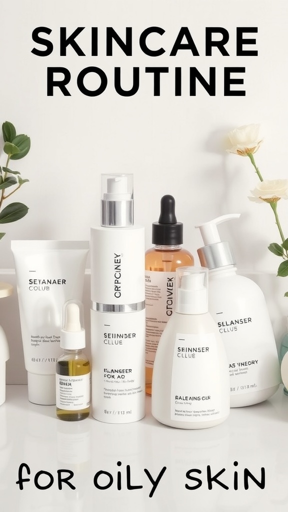 A selection of skincare products for oily skin, including cleansers, serums, and moisturizers.