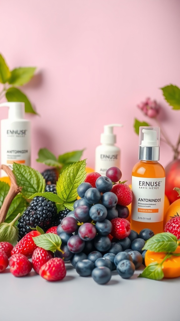 An array of berries and skincare products on a pink background, emphasizing the role of antioxidants in skincare.