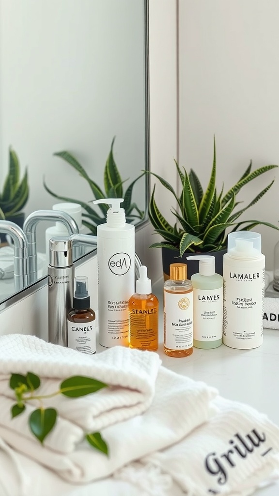 A variety of skincare products displayed in a clean bathroom setting, emphasizing the importance of daily cleansing.