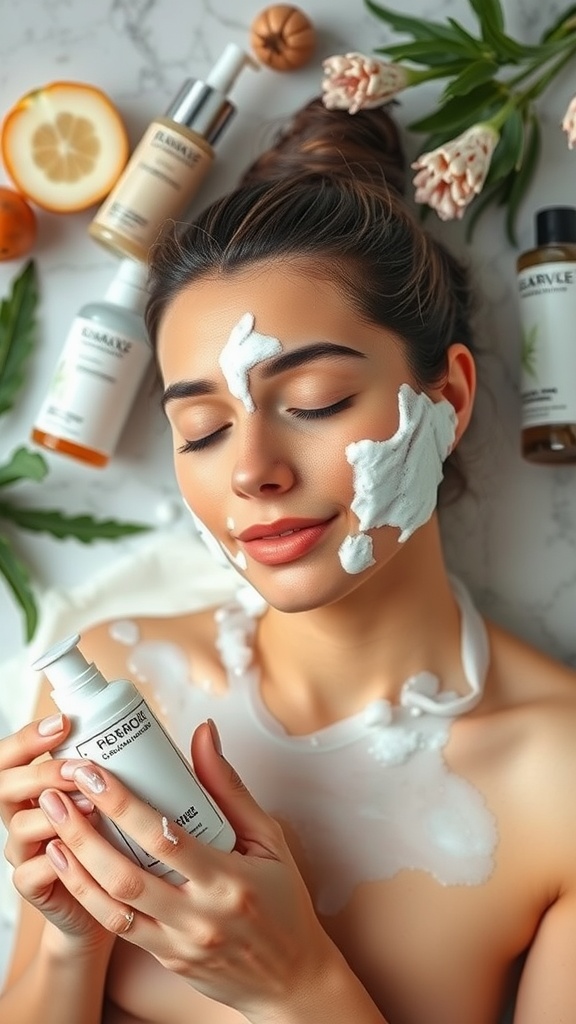 A person with cleansing foam on their face, holding a skincare product, surrounded by various skincare bottles and natural elements.