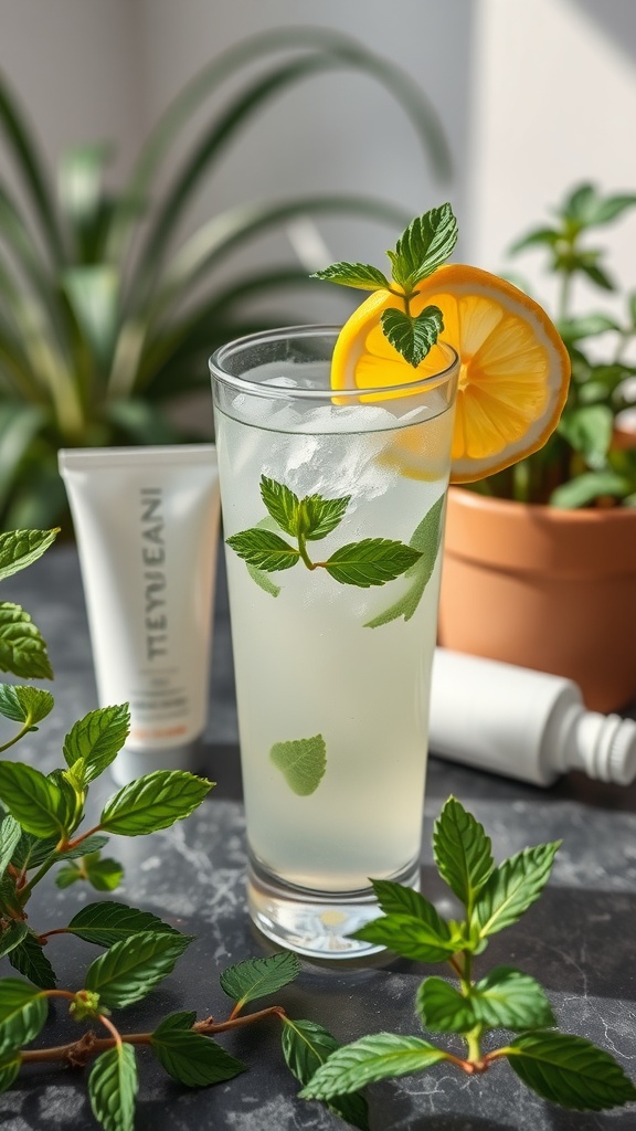 A refreshing drink with mint and lemon, surrounded by greenery, symbolizing hydration.
