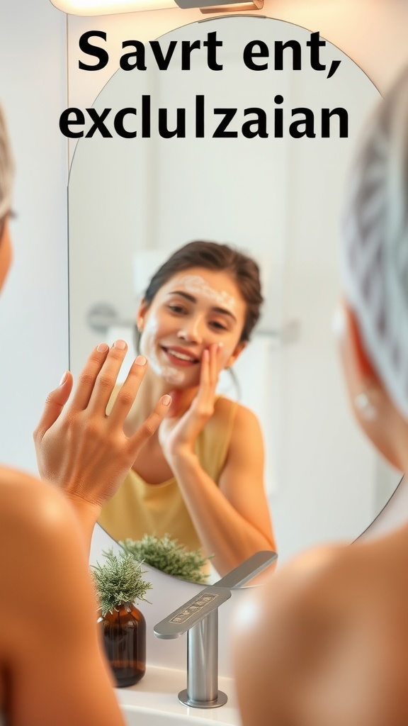 A woman applying an exfoliating product while smiling at her reflection in the mirror.