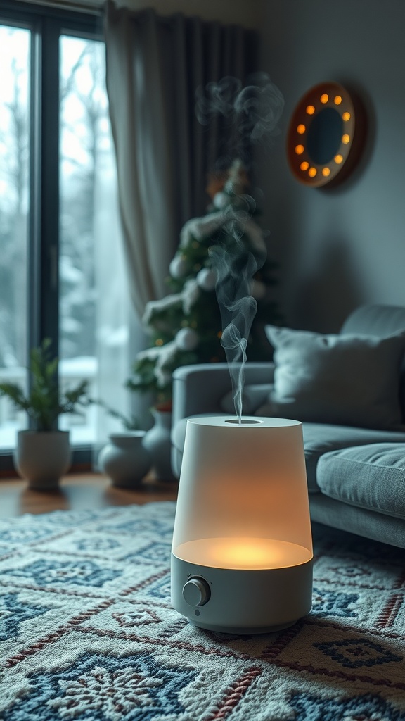 A modern humidifier in a cozy living room setting, emitting steam, with a Christmas tree in the background.