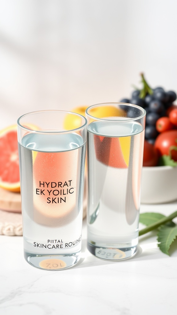 Two glasses of water labeled 'HYDRAT EK YOILIC SKIN' next to a bowl of fresh fruits.