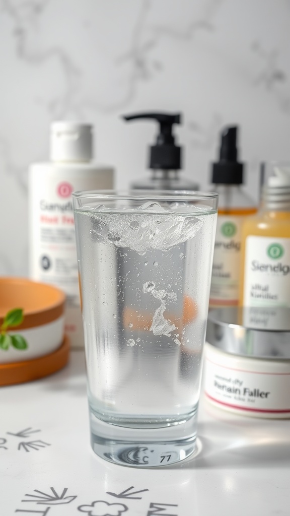 A glass of water in front of skincare products, highlighting the importance of hydration in skincare.