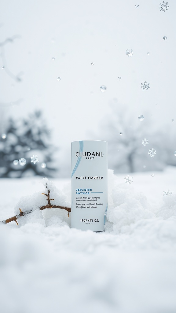 A skincare product in snow, emphasizing hydration for winter skincare.