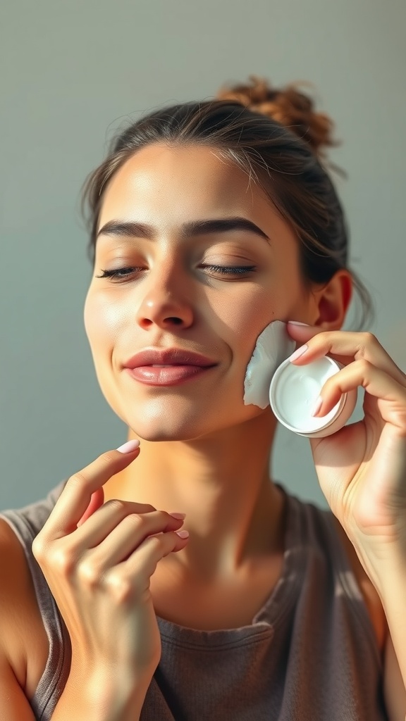 Woman applying moisturizer to her face with a joyful expression