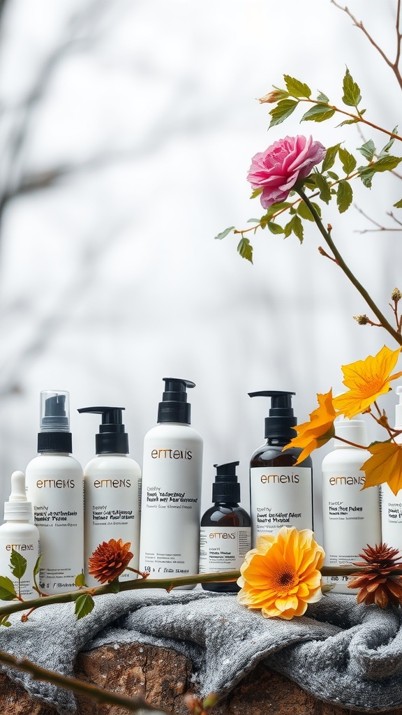 A collection of skincare moisturizers displayed with flowers, emphasizing their importance in skincare for all seasons.