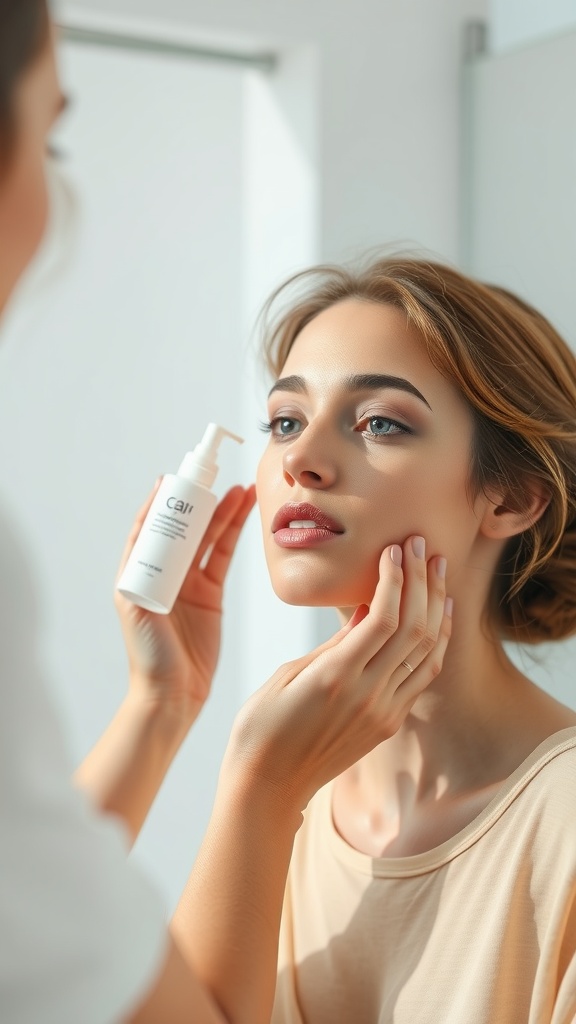 Woman applying moisturizer with guidance in a bathroom setting