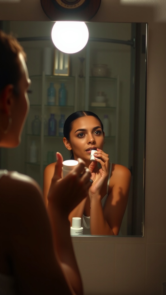 A person applying skincare in front of a mirror, highlighting the importance of nighttime hydration.