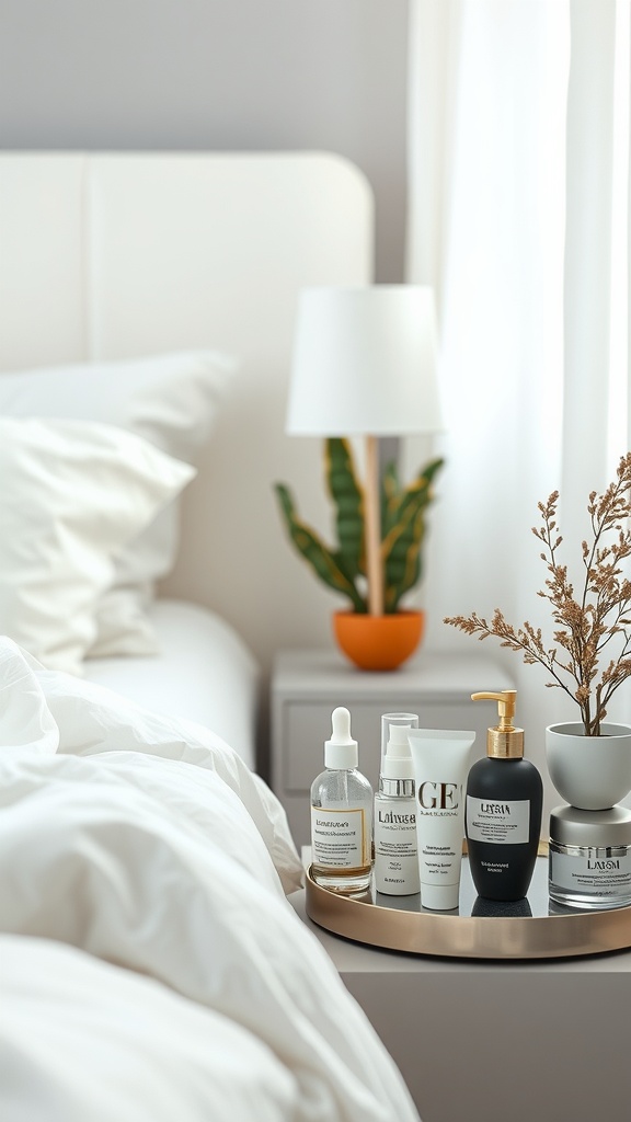 A cozy bedroom with a skincare routine displayed on a tray. Various skincare products are arranged neatly, hinting at a relaxing nighttime routine.