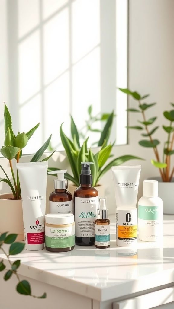 A collection of various oil-free moisturizers displayed on a countertop near plants, emphasizing skincare for oily skin.