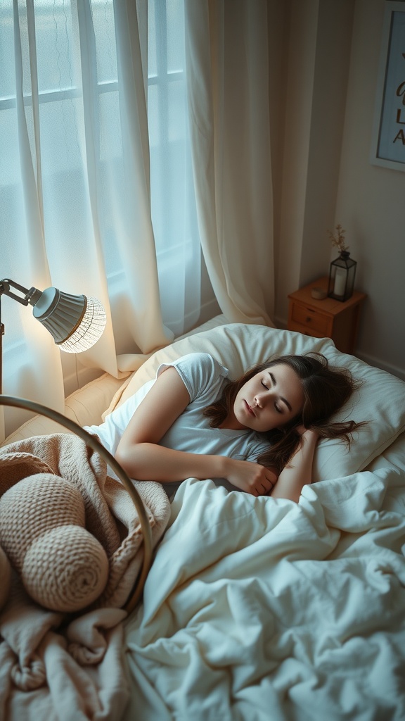 A woman sleeping peacefully in a cozy bedroom setting with soft bedding and warm lighting.