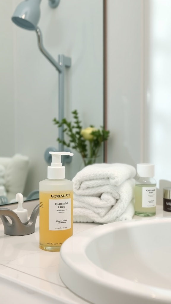 A clean bathroom counter with a bottle of cleansing solution, fresh towels, and other skincare items.