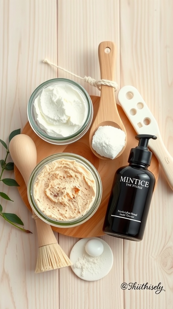 A collection of skincare products and tools on a wooden surface, showcasing exfoliating ingredients and tools.
