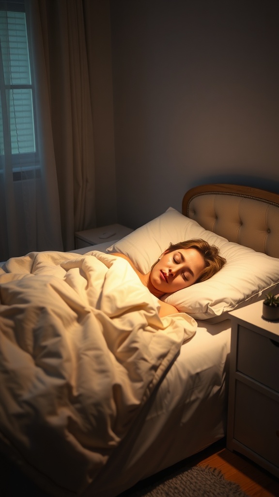 A person sleeping peacefully in a cozy bed, emphasizing the importance of sleep for skin repair.
