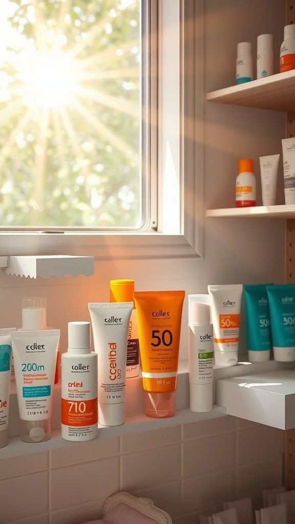 Sunscreen products displayed on a shelf by a sunny window, emphasizing the importance of sun protection.