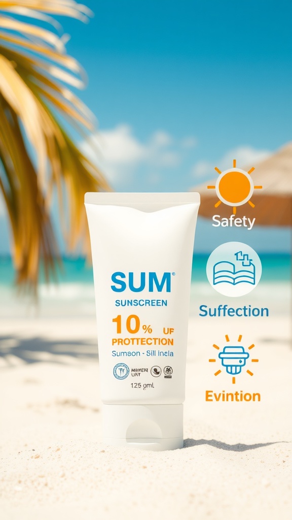 Sunscreen bottle on a sandy beach with palm trees in the background