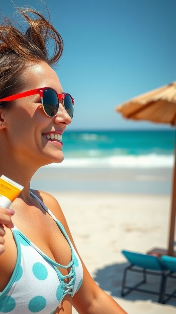 A woman at the beach holding sunscreen, smiling with sunglasses on, enjoying a sunny day.