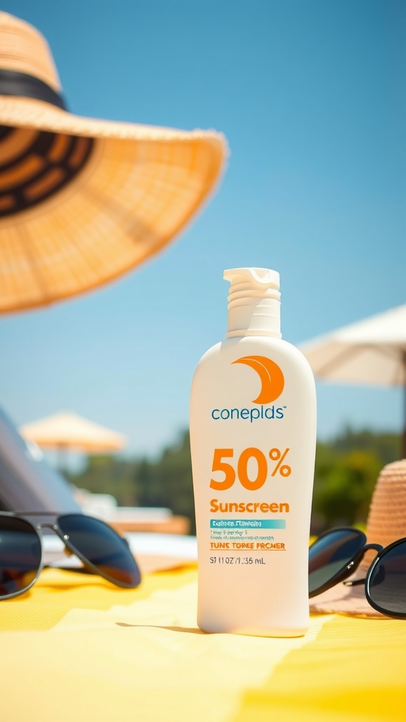 A bottle of sunscreen with a SPF of 50 on a beach towel, with sunglasses and a sun hat in the background.