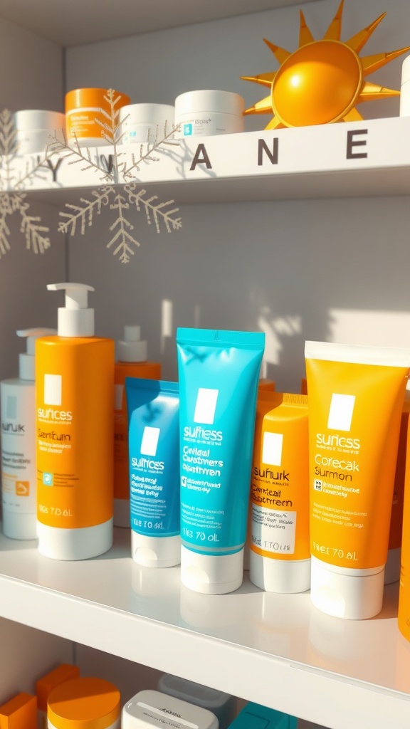 A collection of colorful skincare products, including sun protection items, displayed on a shelf with a sun and snowflake decoration.