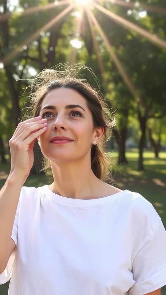 A woman applying sunscreen to her face outdoors with sunlight shining behind her.