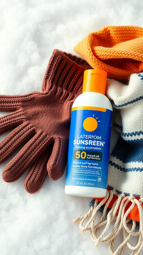 A bottle of sunscreen next to winter gloves and scarves on a snowy background.