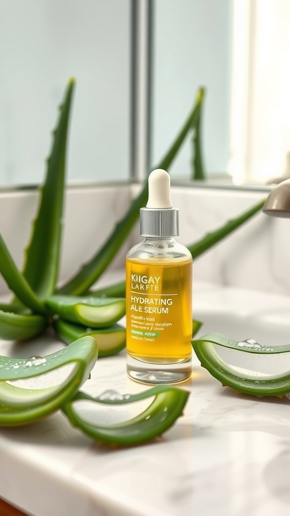 A bottle of hydrating serum among fresh aloe vera leaves on a marble surface