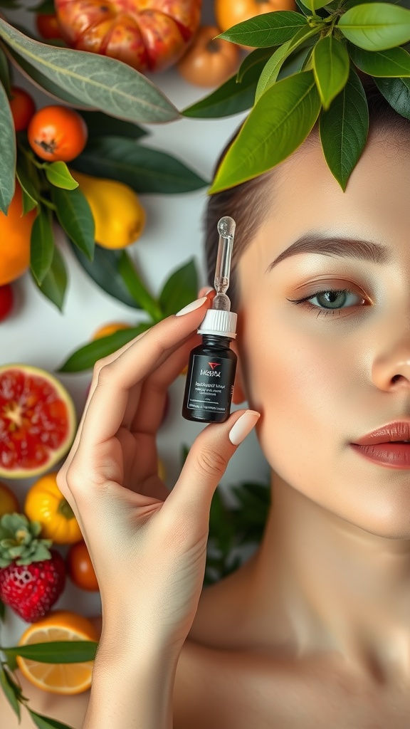 A woman holding a serum bottle surrounded by colorful fruits and green leaves.