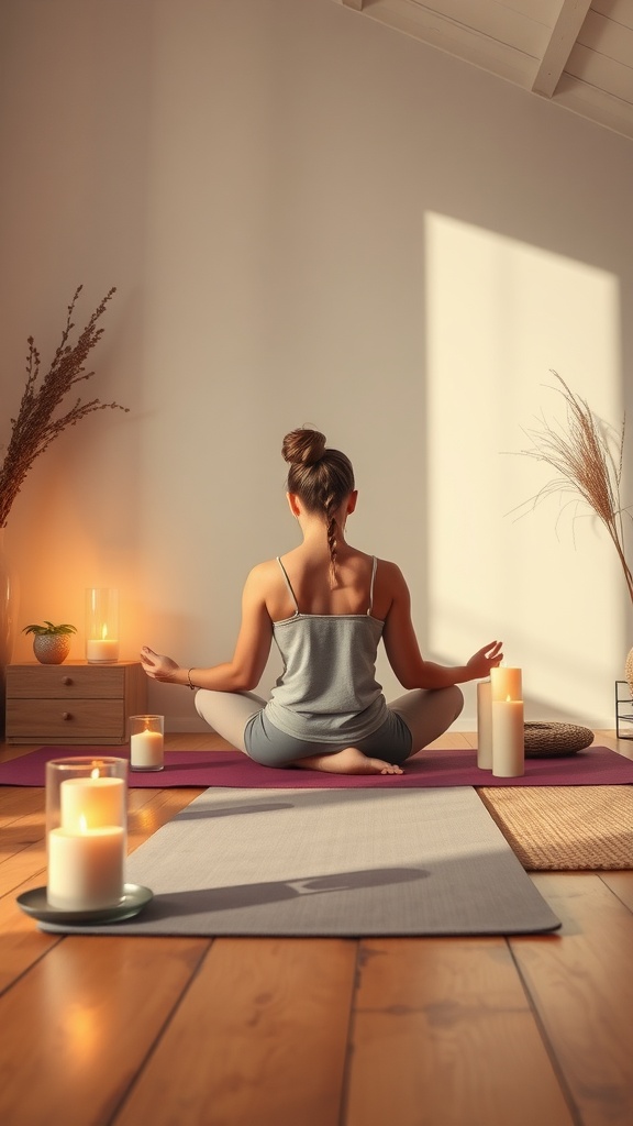 A person practicing mindfulness on a yoga mat surrounded by candles in a serene environment.